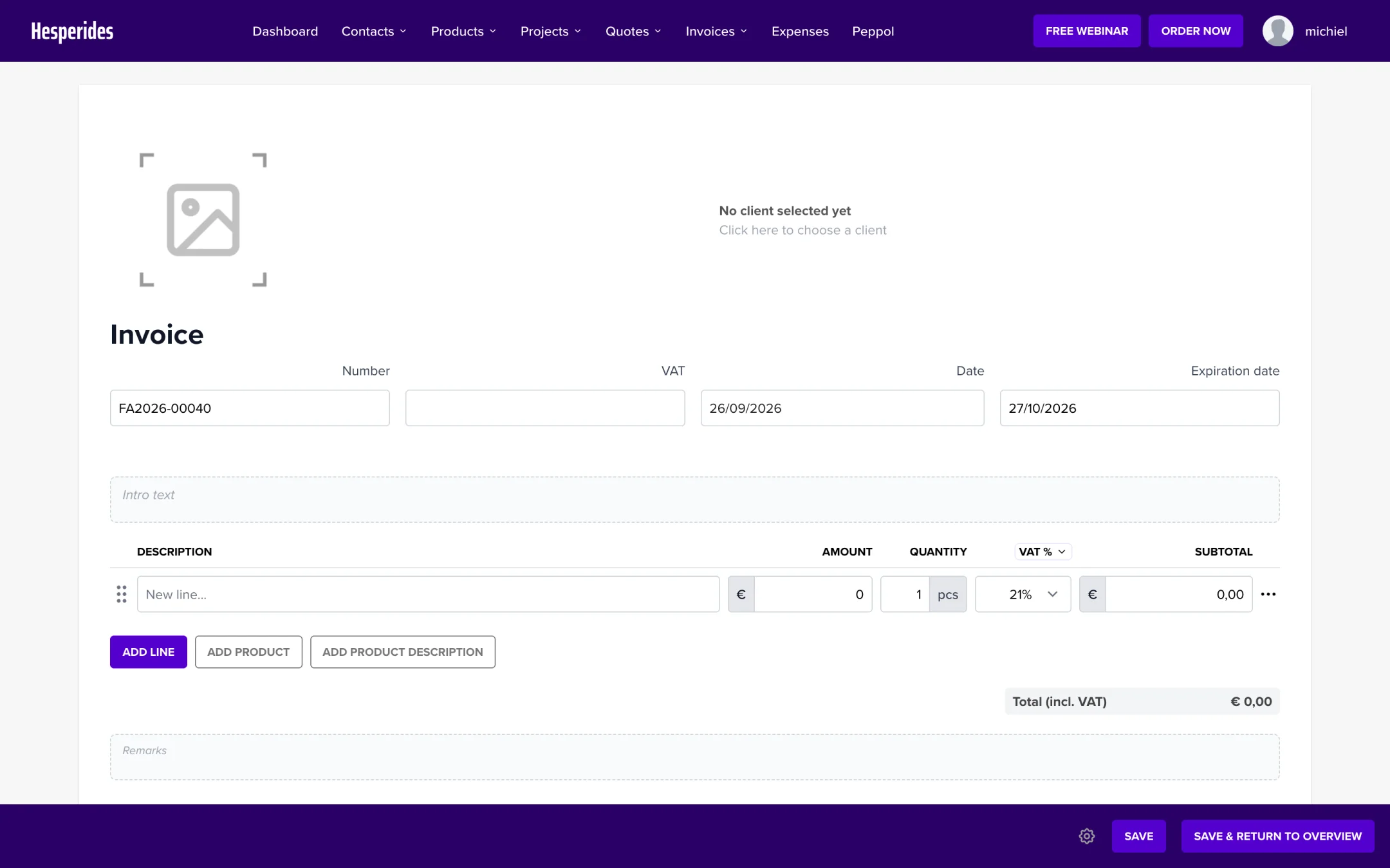 The invoice editor with the Add line and Add product buttons