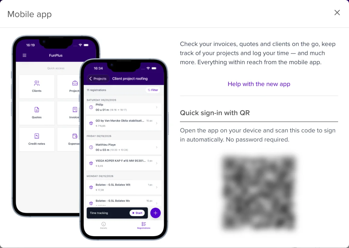 The Mobile app window with the QR code for quick sign-in