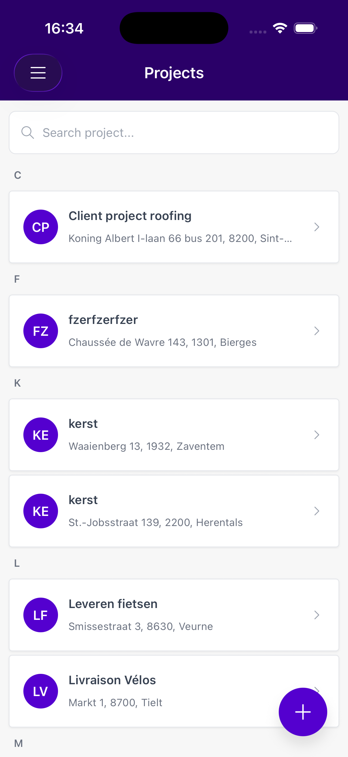 Liste des projets dans l'application