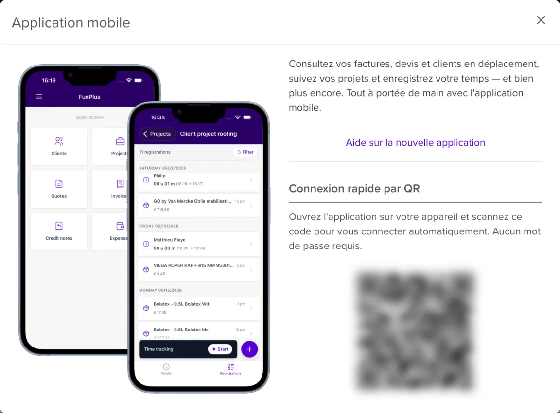 La fenêtre Application mobile avec le code QR pour se connecter rapidement