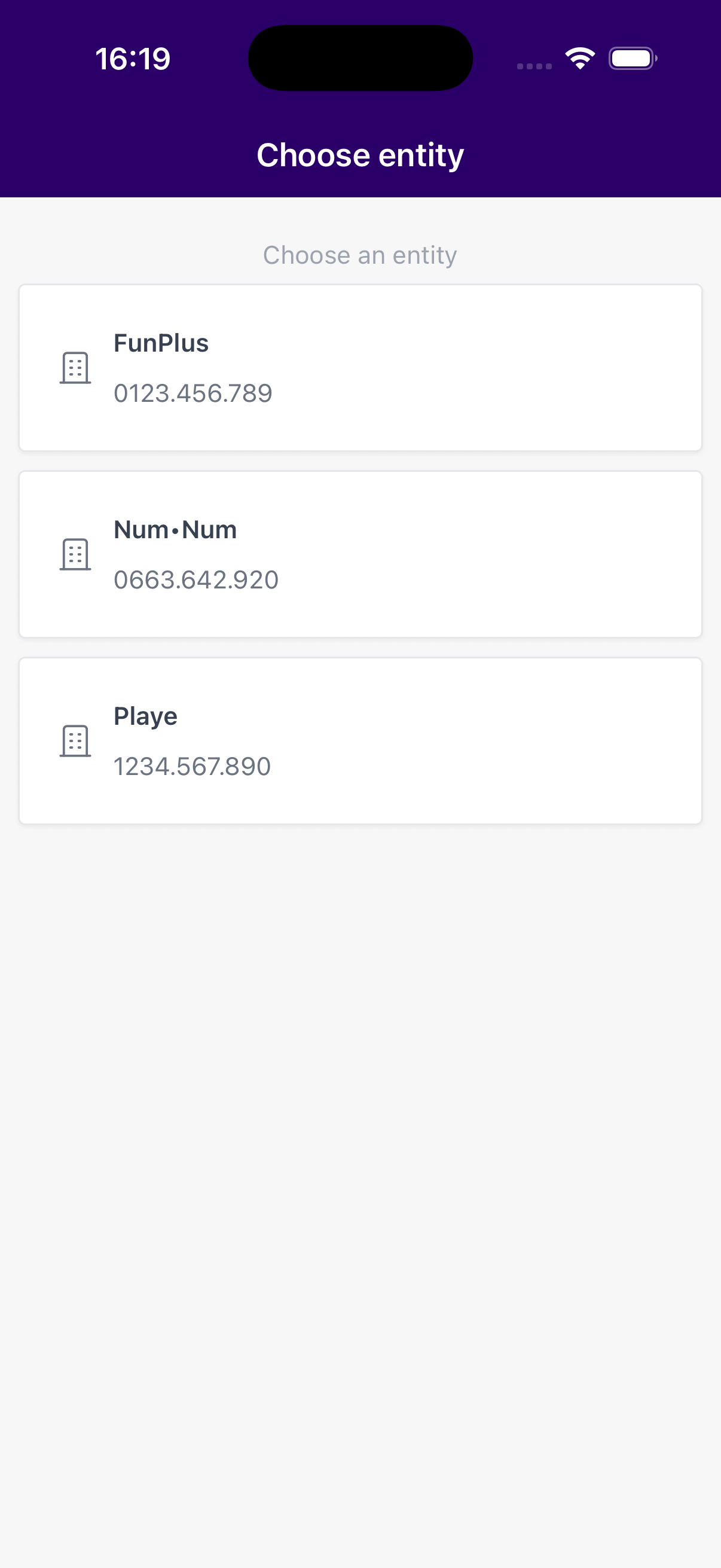 Bedrijf kiezen in de app